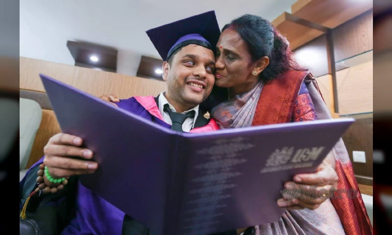 Impaired graduate with his certificate