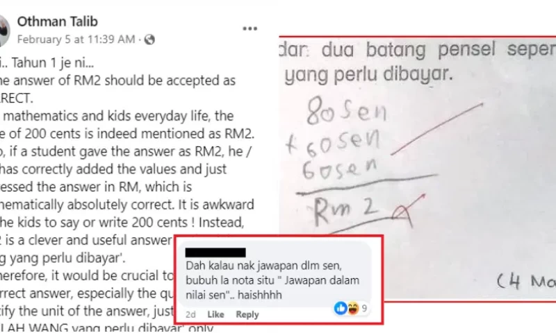 Malaysians Express Outrage Toward Teacher Who Dismissed Student's Answer of RM2 Instead of 200 Cents